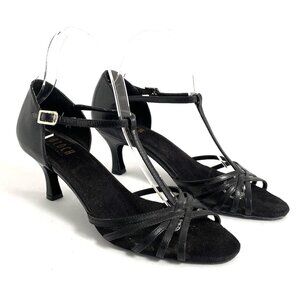 Bloch Nicola Black Leather T-Bar Latin Dance Ballroom Open Toe Heels Womens 8.5B